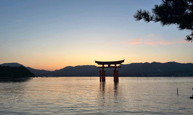 Coucher de soleil splendide au bord de la mer, avec le torii flottant sur l'eau